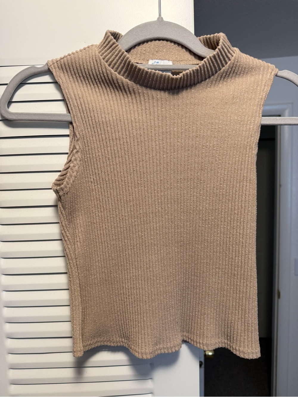 Blue Rain Sleeveless Ribbed Mock Neck Tank Top in Beige
